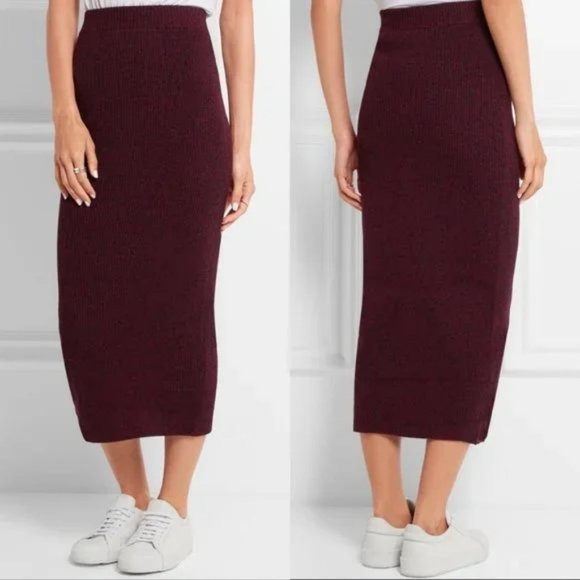 Maje Marled Bordeaux Rib Knit Form Fitting Sweater Midi Skirt Size 3 Large